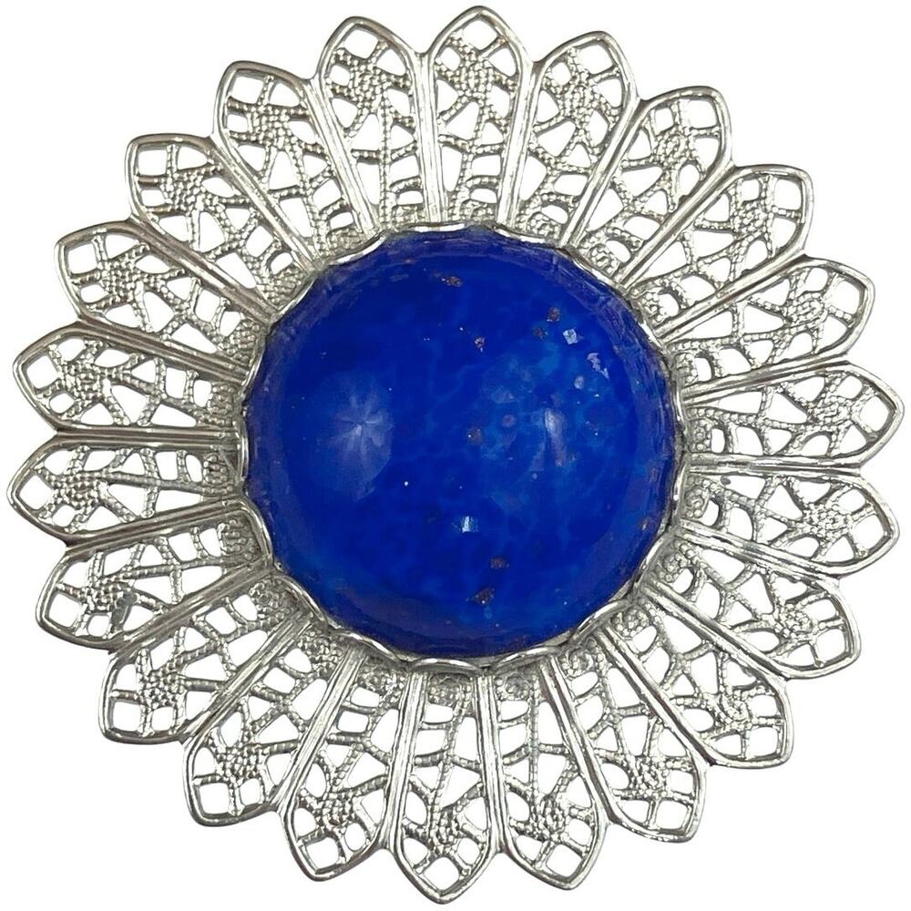 Mid Century Filigree Brooch Silver Tone Domed Blue Glass Cabochon Floral Pin